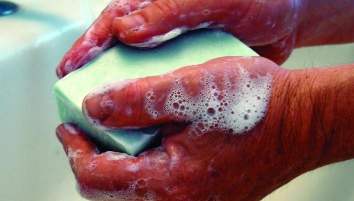 close-up of two lathered hands with a bar of green soap