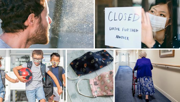 man coughing, closed sign, children playing, masks, woman with walker