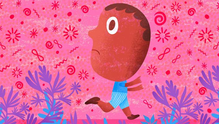 Illustration of young boy running from viruses and bacteria