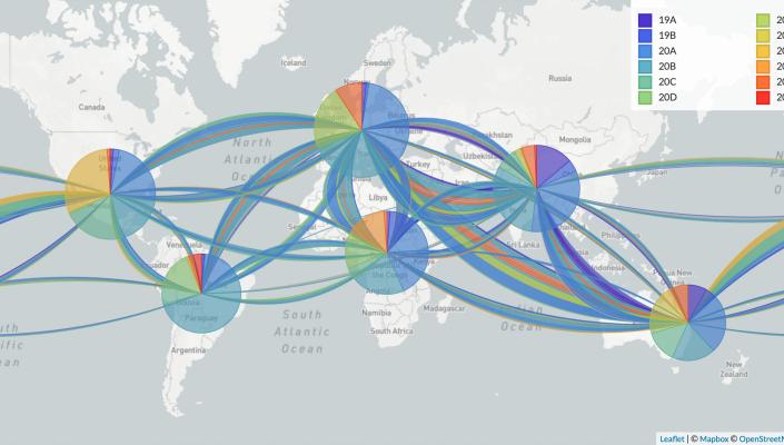 Map showing the distribution of SARS-CoV-2 variants