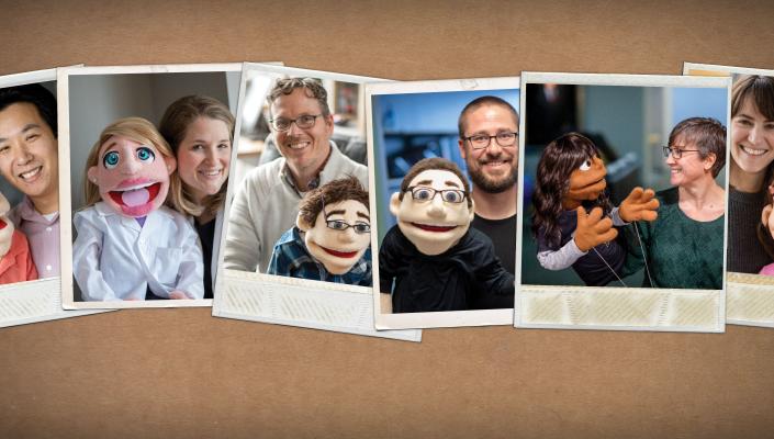 Collage of researchers and their felt dummies