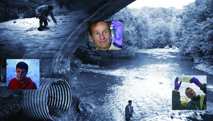 photo of researchers taking water samples in streams leading to the Gwynns Falls with inset photos of Kellogg Schwab and Rolf Halden