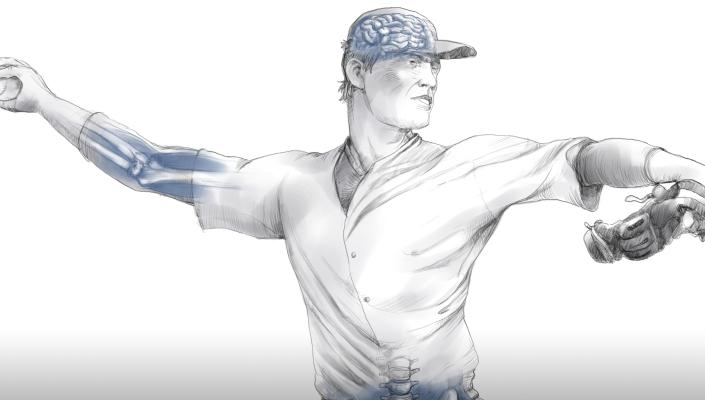 Illustration of a baseball player with his arm extended to throw the ball