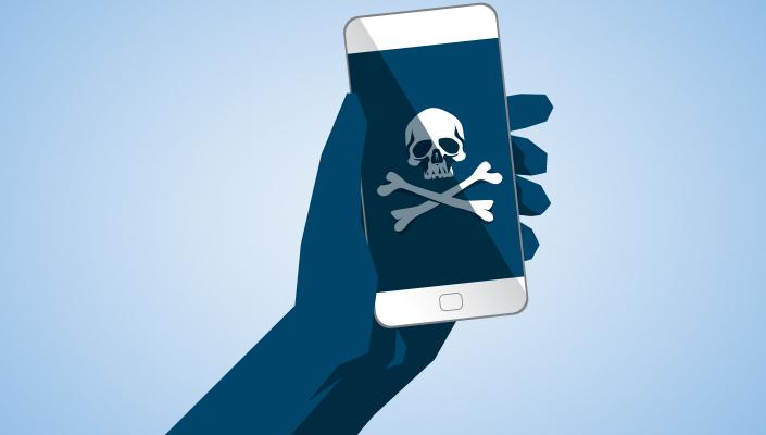 Illustration of smart phone with poison skull and cross bones symbol on screen