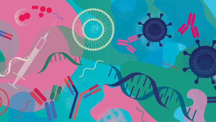 Abstract illustration with hand drawn grain effects depicting biotechnology and developing mRNA vaccines.