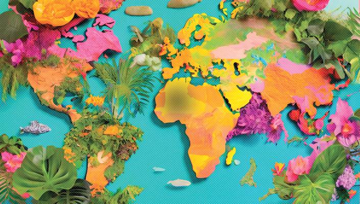 A brightly colored map of the world, covered in plants and flowers.