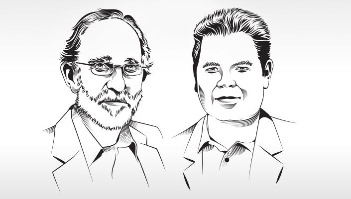 Line drawing of Peter Agre and Fidel Antonio Castro Smirnov