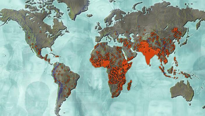 a map with dots in red showing where 5,000+ child deaths occure