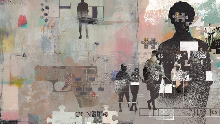 A photocollage of images, including silhouetted figures, firearms, puzzle pieces, fragments of photographs and words, and paintlike textures.