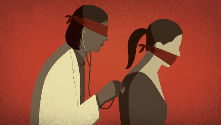 Illustration of blindfolded female doctor examining a gagged female patient