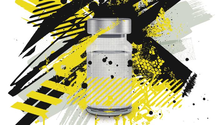 illustration of a glass drug vial with yellow and black paint streaks