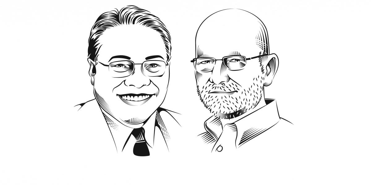 A line drawing of Chris Elias and Jose Rimon.