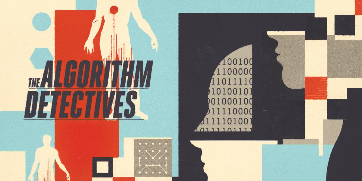 A graphic design collage of silhouettes with colorful shapes, binary code, and the words "The Algorithm Detectives."