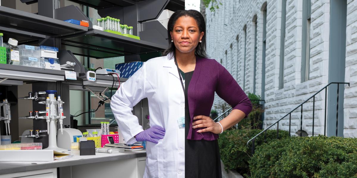 Photograph of Brittany Jenkins-Lord. Half of her body is in a lab wearing a lab coat, the other half is in a dress standing outside on a street.