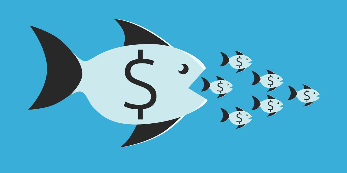 Illustration of a large fish with a dollar sign on its side about to consume a school of smaller fish with dollar signs on their sides