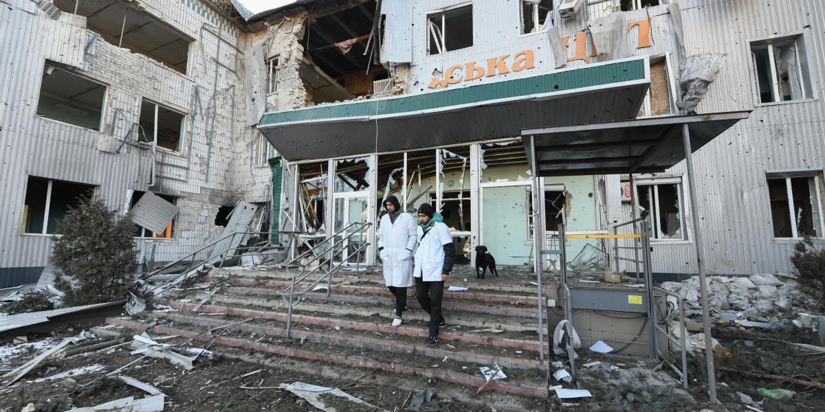 A view of a damaged hospital as civilians continue to hide in a bomb shelter under the hospital amid Russian-Ukrainian conflict in the city of Volnovakha, Donetsk Oblast, Ukraine on March 12, 2022. Photo by Stringer/Anadolu Agency via Getty Images