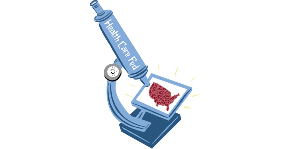 Illustration of a microscope with the words "Health Care Fed" on it is aimed at slide with a map of the U.S.