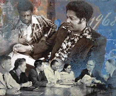 photo illustration featuring historical photos of school faculty