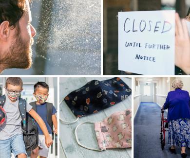 man coughing, closed sign, children playing, masks, woman with walker