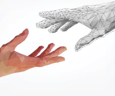 Two hands reach out to each other. One is human and the other is created by artificial intelligence.