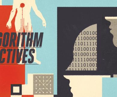 A graphic design collage of silhouettes with colorful shapes, binary code, and the words "The Algorithm Detectives."