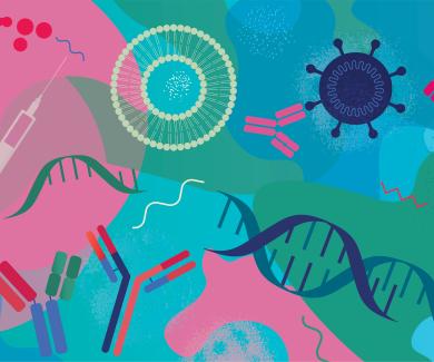 Abstract illustration with hand drawn grain effects depicting biotechnology and developing mRNA vaccines.