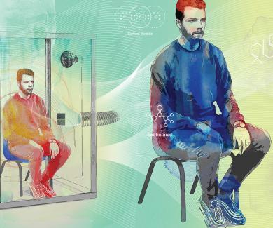 Illustration of a man sitting on a small chair inside a Plexiglass box