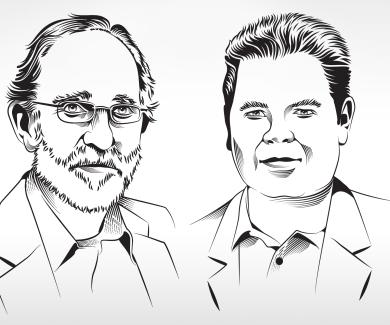 Line drawing of Peter Agre and Fidel Antonio Castro Smirnov