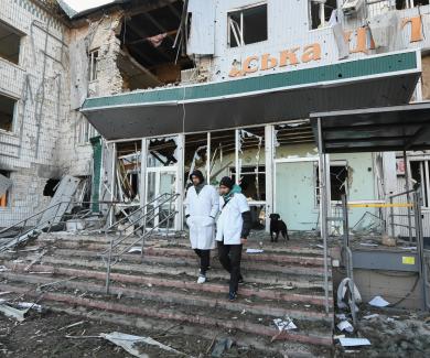 A view of a damaged hospital as civilians continue to hide in a bomb shelter under the hospital amid Russian-Ukrainian conflict in the city of Volnovakha, Donetsk Oblast, Ukraine on March 12, 2022. Photo by Stringer/Anadolu Agency via Getty Images