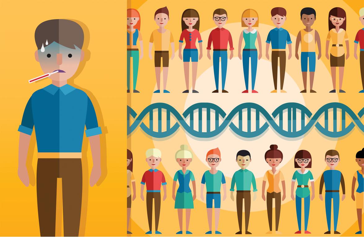 An illustration of a group of people and a strand of DNA.