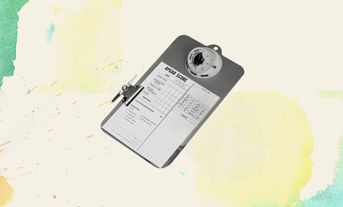 an apgar score chart on a clipboard with a timer