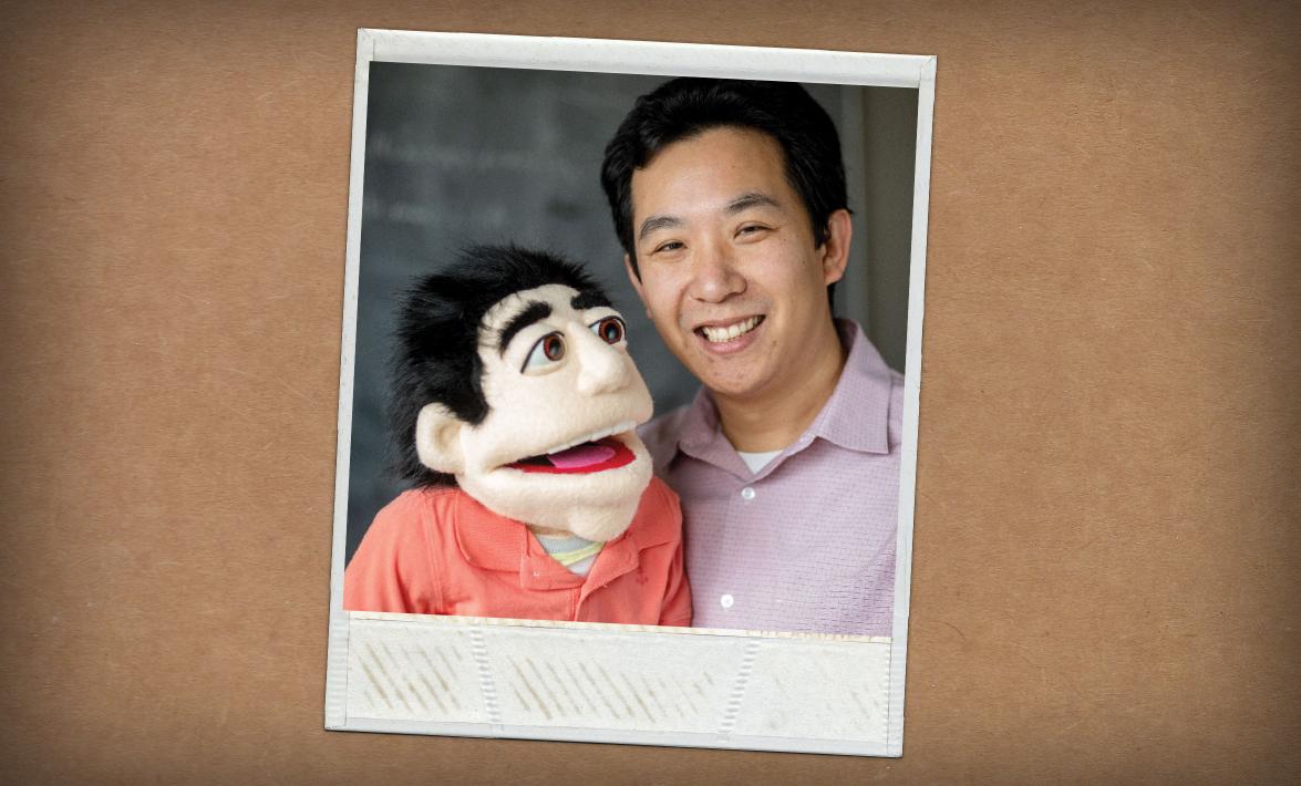 Researcher with a felt dummy