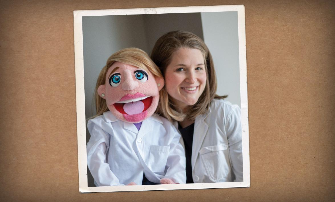 Researcher with a felt dummy